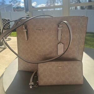 Coach Beige Signature Canvas Tote with Wristlet